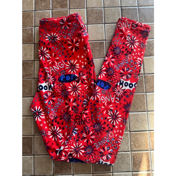 Tween LuLaRoe Leggings One Size Red White Fireworks Print - Picture 1 of 5
